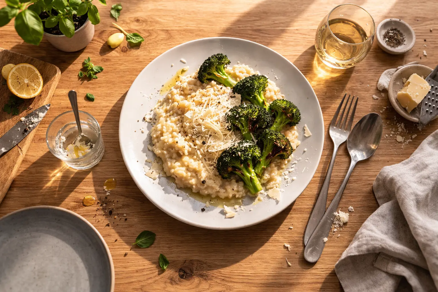 Cremiges Risotto mit Brokkoli und Parmesan auf einem Teller, serviert auf Holztisch