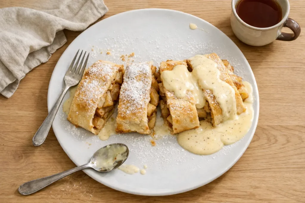 Apfelstrudel mit Puderzucker und Vanillesoße auf einem Teller serviert