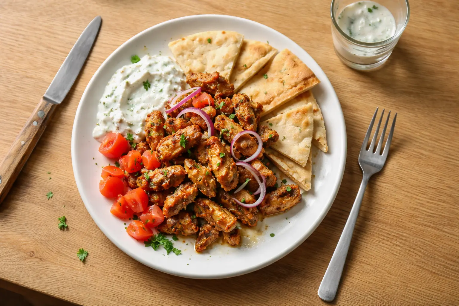 Gebratene Hähnchenstreifen mit Tomaten, roten Zwiebeln, Fladenbrot und Joghurt-Dip auf einem Teller
