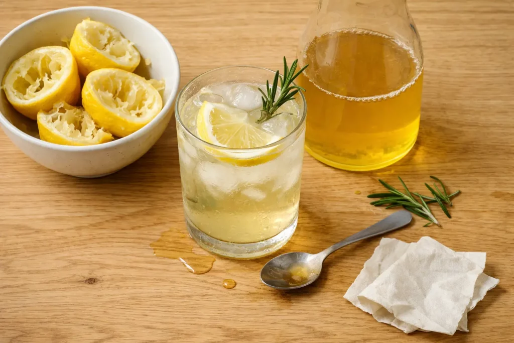 Erfrischendes Zitronengetränk mit Eiswürfeln, Zitronenscheiben und Rosmarin in einem Glas auf Holztisch
