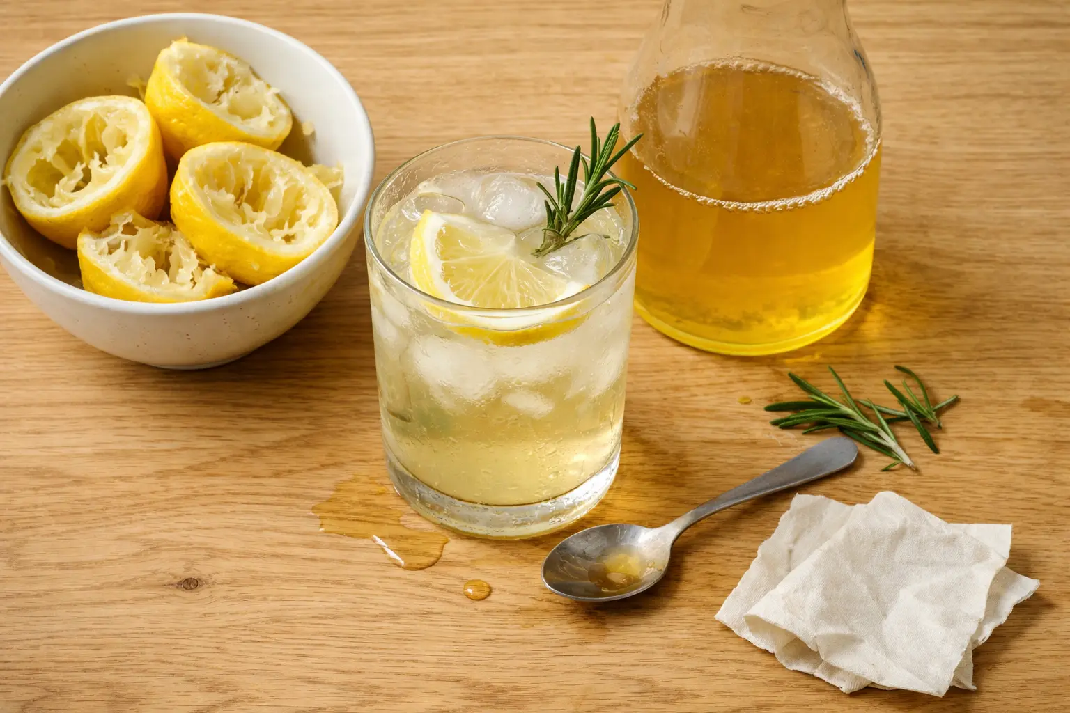 Erfrischendes Zitronengetränk mit Eiswürfeln, Zitronenscheiben und Rosmarin in einem Glas auf Holztisch