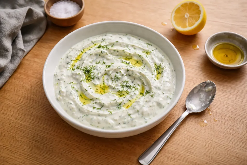 Cremiger Kräuter-Joghurt-Dip mit Dill und Olivenöl in einer Schüssel auf Holztisch
